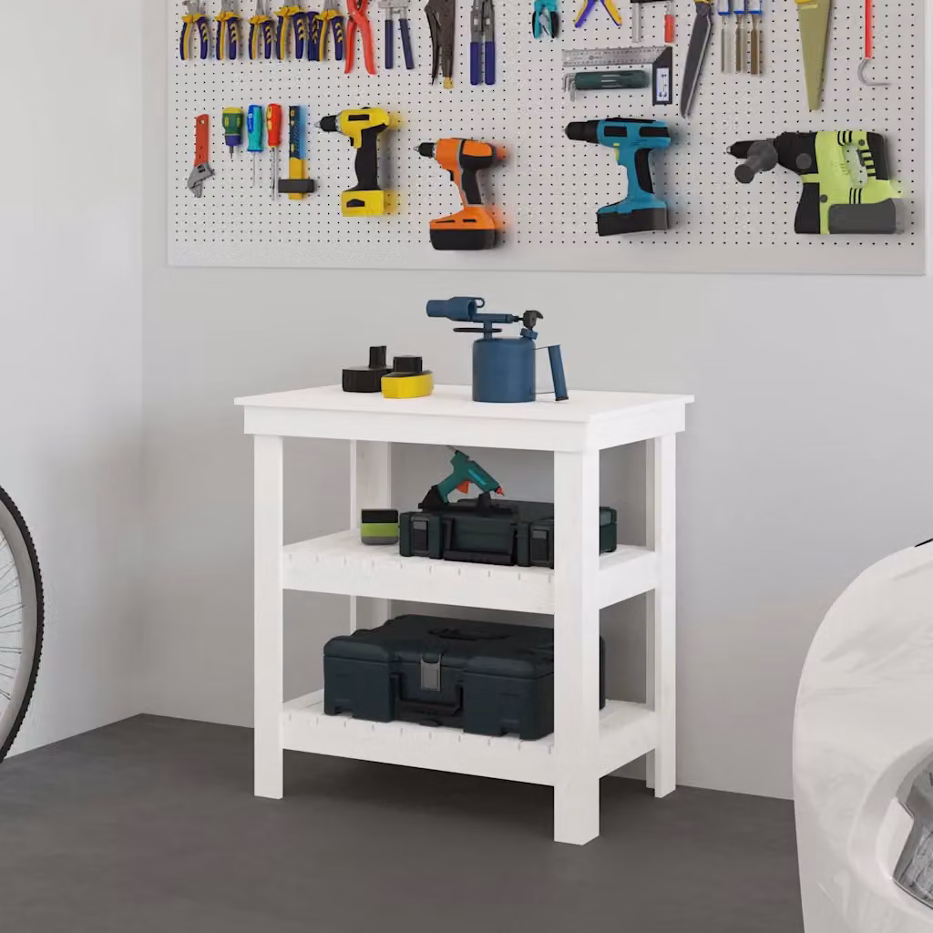 vidaXL Banco da lavoro in legno massello di pino Bianco L: 78,4 cm, P: 50 cm, H: 80 cm