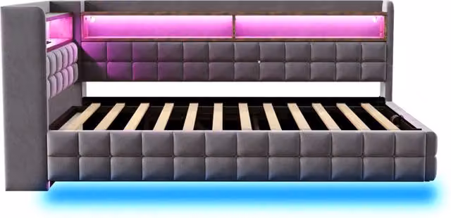 Letto Divano Imbottito Multifunzionale 90×200 cm con Contenitore Idraulico, Mensole in Legno, Illuminazione LED e Prese USB/Tipo-C, Tessuto Velluto Grigio Scuro