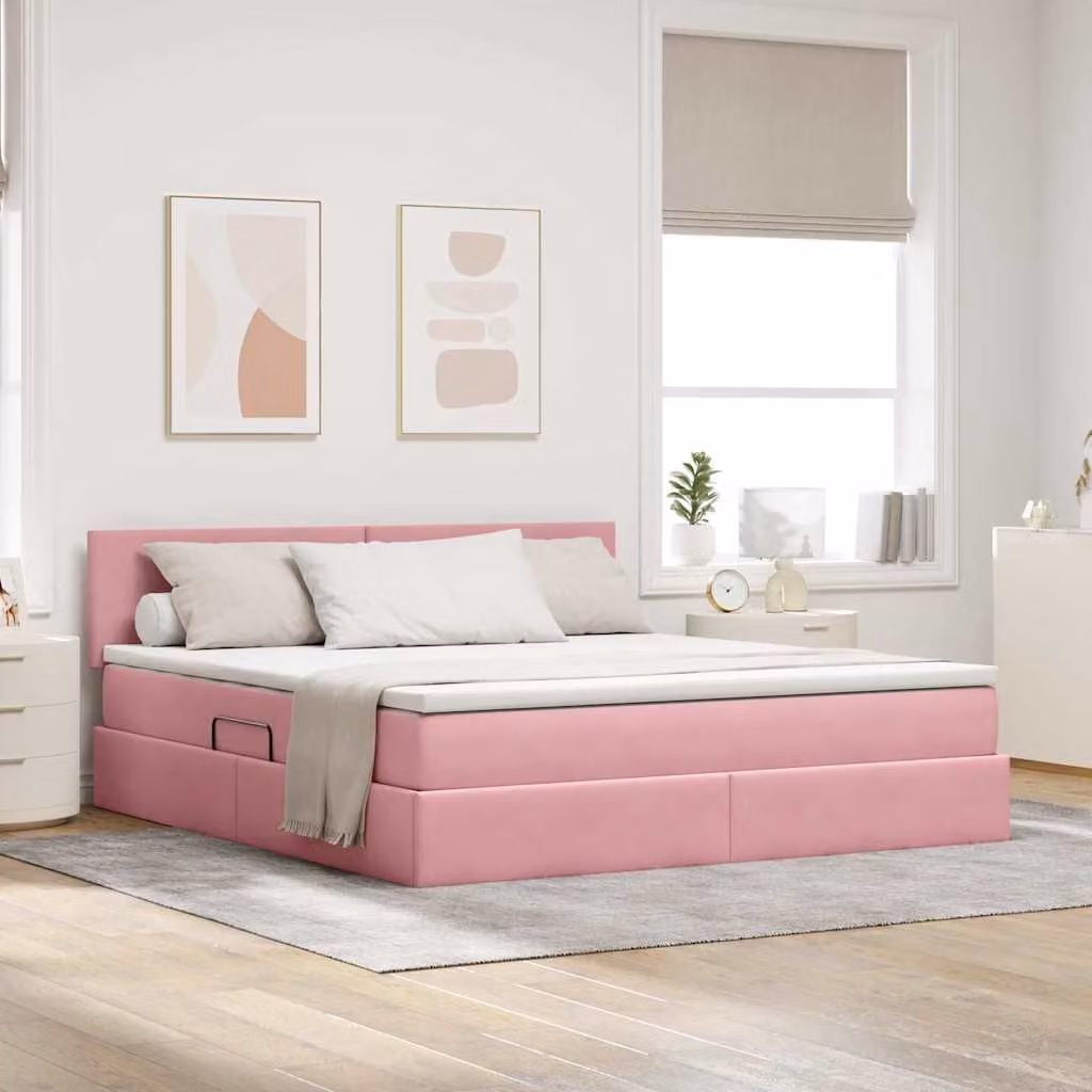 Letto con contenitore e illuminazione LED vidaXL in velluto rosa, L/P: 180 x 200 cm – 1