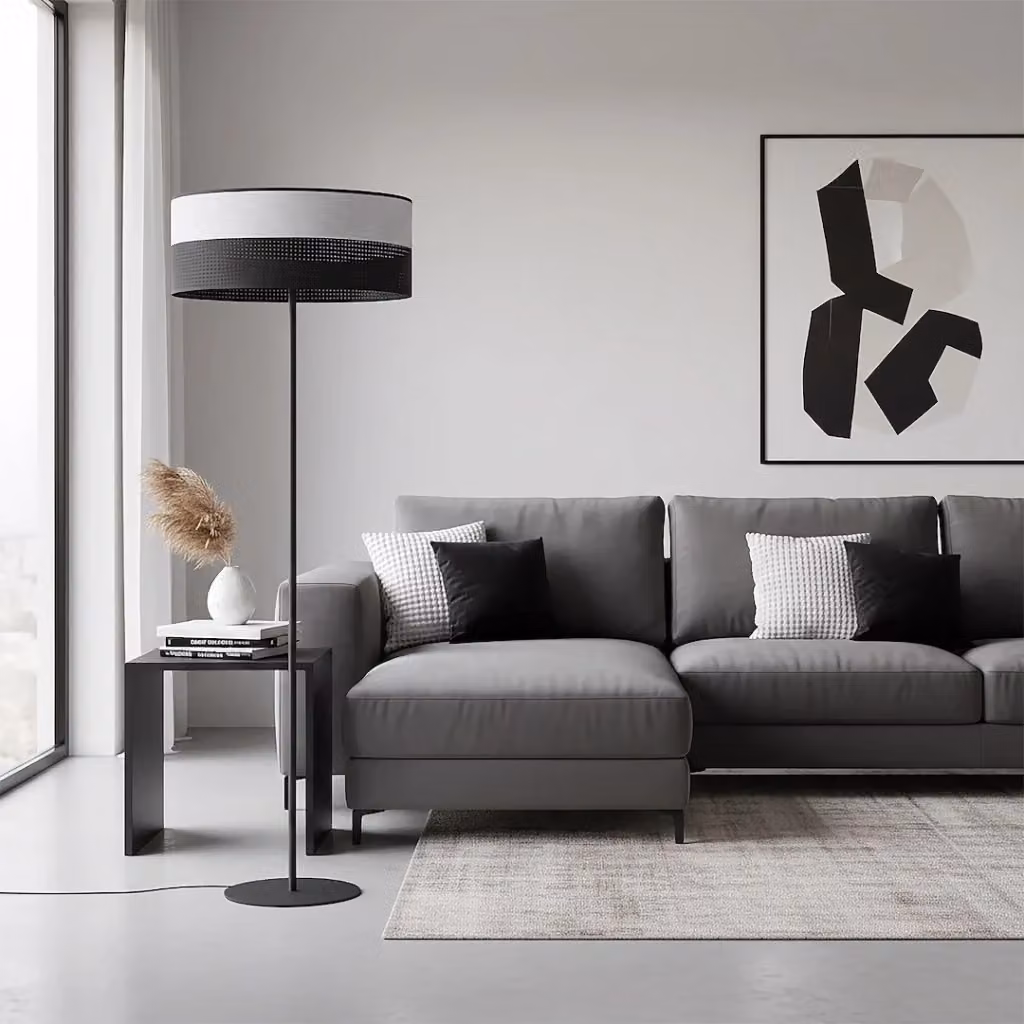 Lampada da terra moderna KARBON Emibig in metallo nera e grigia con paralume in tessuto cilindrico e attacco E27 – 2