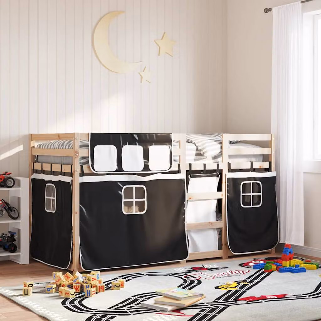 Letto a Castello vidaXL in Legno di Pino Bianco e Nero per Cameretta Bambini L/P/H: 190 x 90 x 160 cm – 1