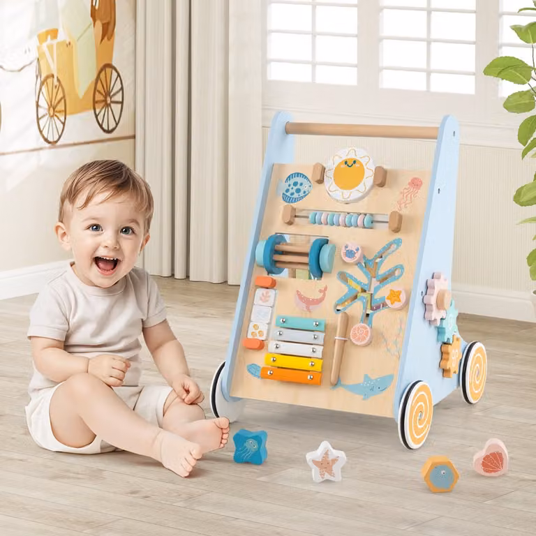 Girello in legno Costway per bambini per l'apprendimento cognitivo, Blu