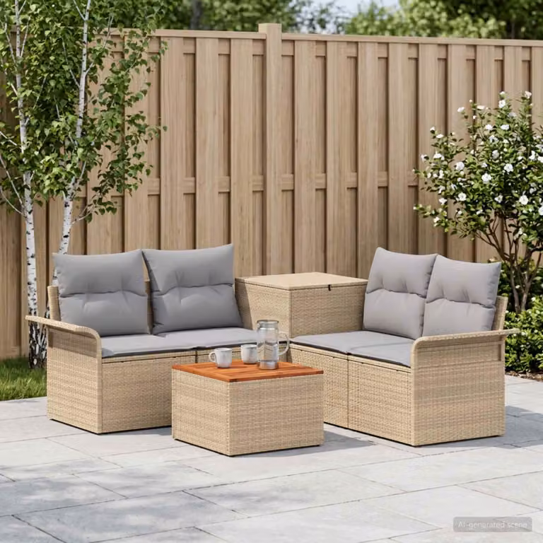 Set di divani da giardino vidaXL a forma di L con tavolino e pouf, 6 pezzi, Beige e Grigio Chiaro
