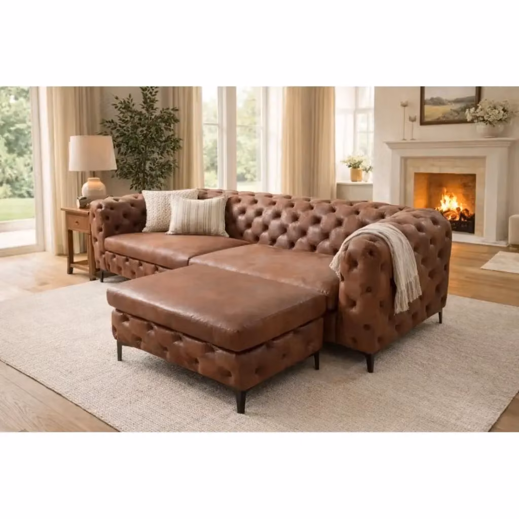 Divano barocco VELENA marrone con pouf Meublorama in microfibra e struttura in legno e metallo – 2