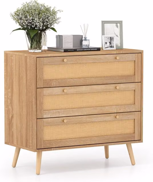 Cassettiera in rattan a 3 cassetti stile boho gambe in legno di pino, Tavolino rustico per soggiorno camera da letto e ingresso Naturale