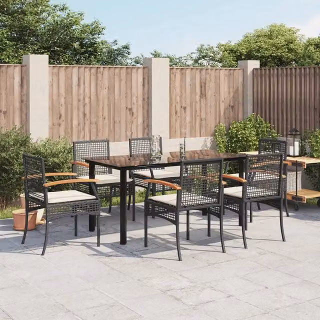Set da Pranzo da Giardino 7 pz Nero con Cuscini in Polyrattan 3213607