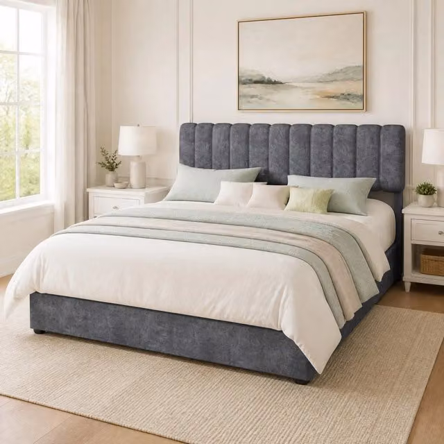 Letto matrimoniale 160x200 cm grigio in tessuto e metallo, struttura a piattaforma, senza materasso