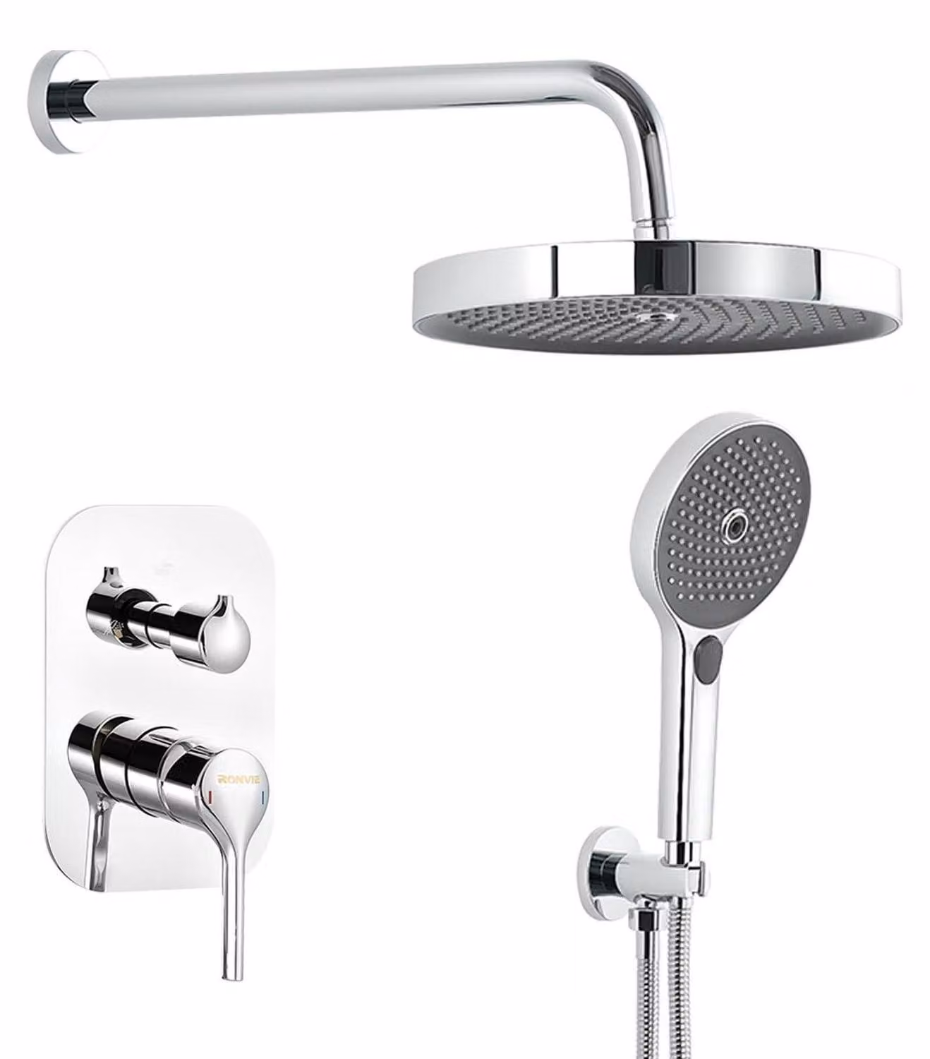 Set completo per soffione doccia da incasso, diametro 25 cm (10 pollici), modello rotondo, con soffione a pioggia e doccetta manuale, finitura cromata