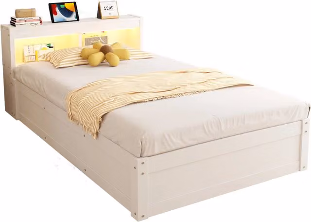 Letto singolo 90x200 in MDF bianco con contenitore， LED， presa e sistema idraulico， senza materasso