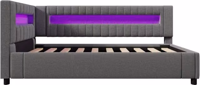 Letto Giorno 90x200 cm in Lino e MDF con Luce LED, Porta USB + Type-C e Sistema di Stoccaggio Idrraulico, Grigio