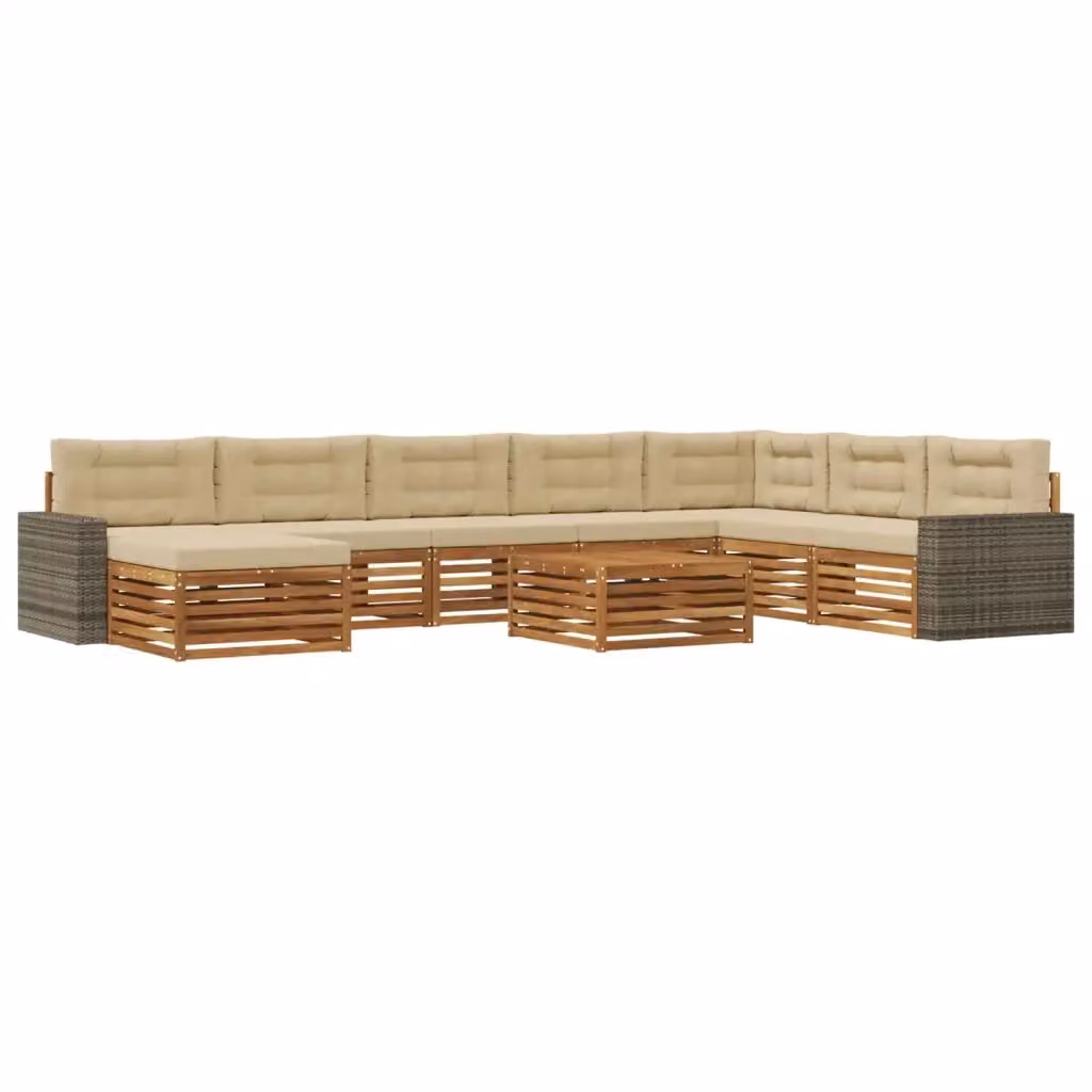 Set di divani da esterno a L vidaXL in legno di acacia oliato, 9 pezzi, Beige e Marrone con cuscini inclusi – 2