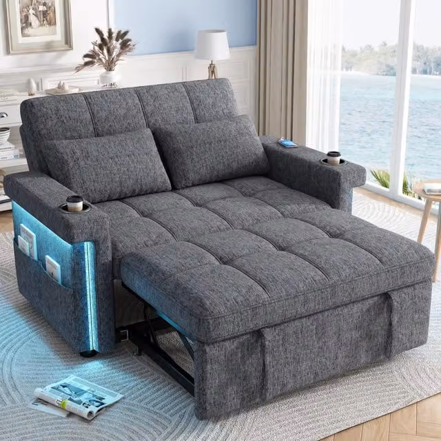 Divano letto 2 posti ¨C Minimal ¨C Grigio tessuto chenille con LED, porte USB, schienale regolabile, portabibite, cuscini