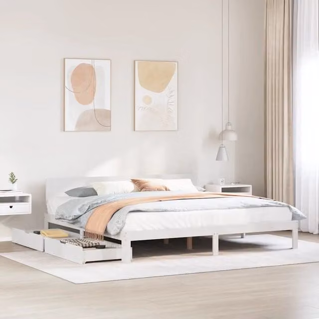 Giroletto con Cassetti-Struttura Letto con contenitore Bianco 200x200 cm Legno Massello di Pino 458405