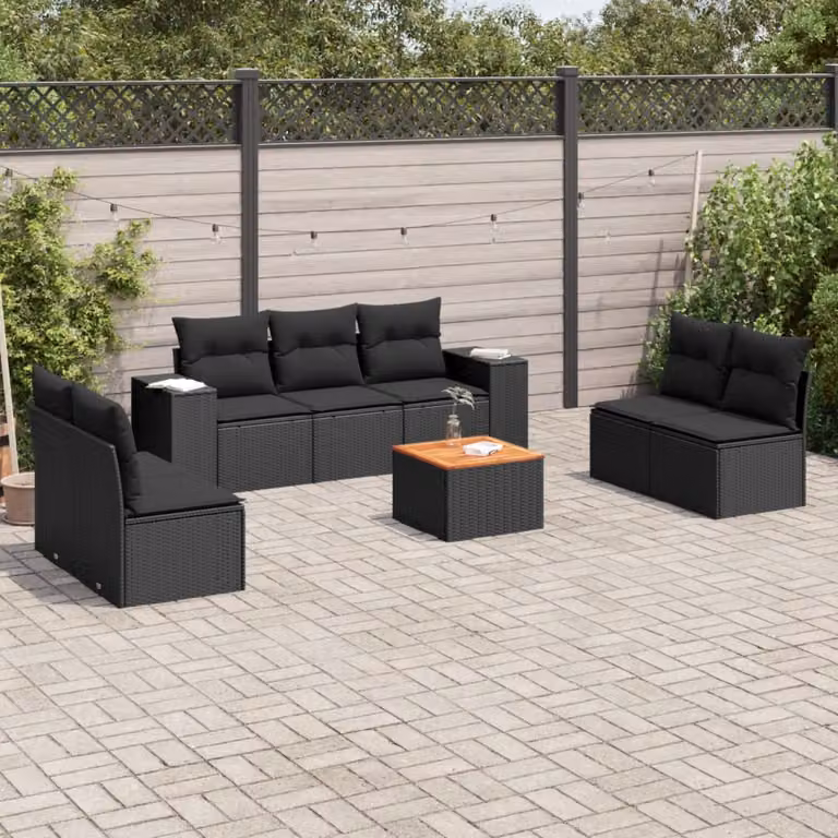 Set Divani da Giardino vidaXL in Polyrattan Nero con Cuscini e Tavolino da 8 Pezzi