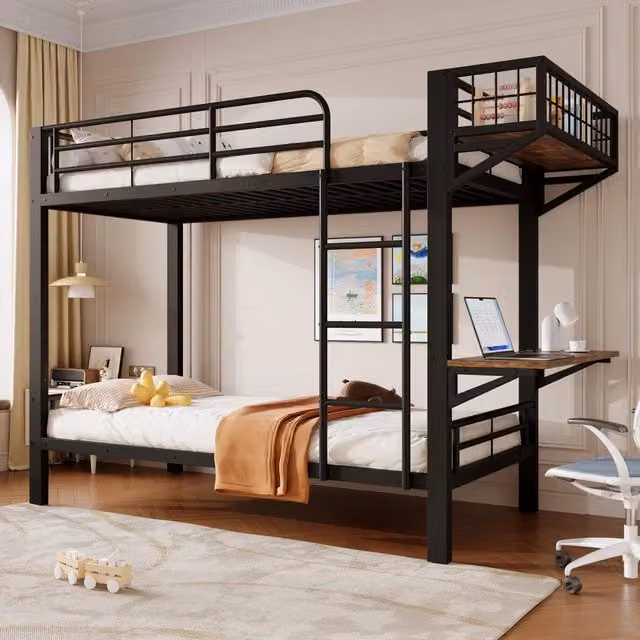 Letto a castello 90 x 200 cm; scrivania; scomparto contenitore aperto; sponde di sicurezza; scala; struttura in metallo; nero