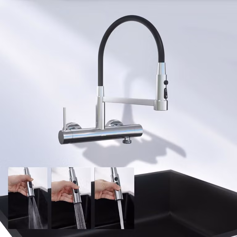 Miscelatore da cucina da montare a parete, attacco da 3/4 di pollice per lavastoviglie e lavatrice, acciaio inossidabile, 3 tipi di getto, erogatore flessibile, colore argento, lunghezza 385 mm