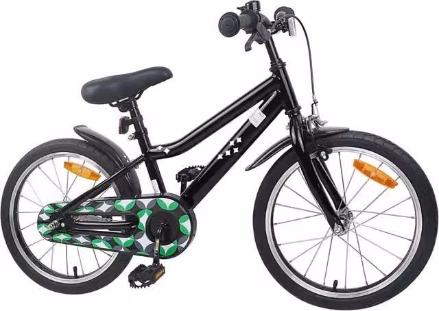 Bicicletta per bambini da 18 pollici nera con struttura in metallo e pneumatici in gomma