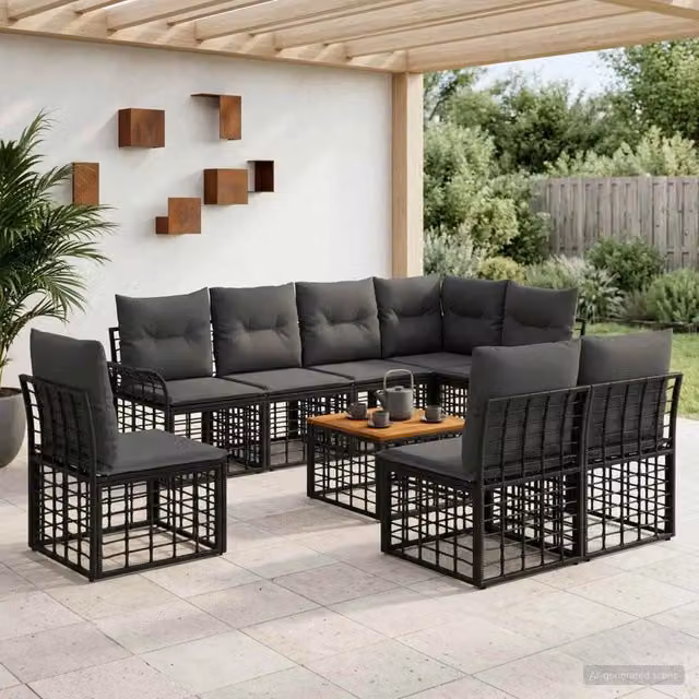 Set di divani da esterno 9 pz Nero e Grigio scuro Poliestere 3437701