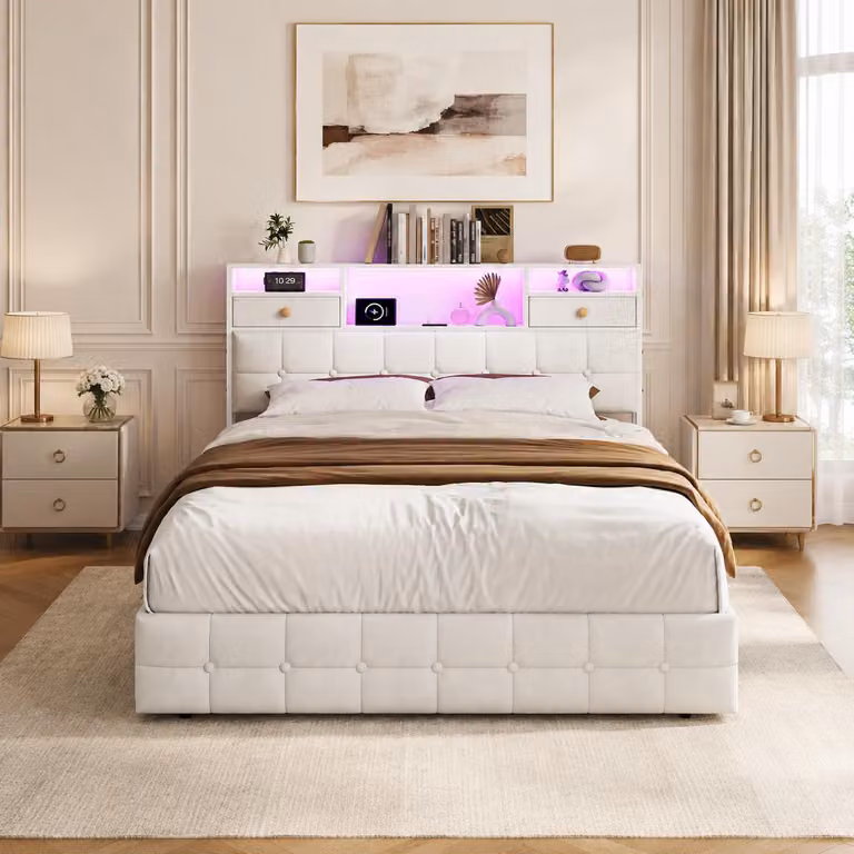 Letto imbottito INONEFT 160x200 con LED e USB, letto matrimoniale con testiera dotata di 2 cassetti e scaffali aperti, letto per ragazzi con contenitore a sollevamento idraulico, color beige