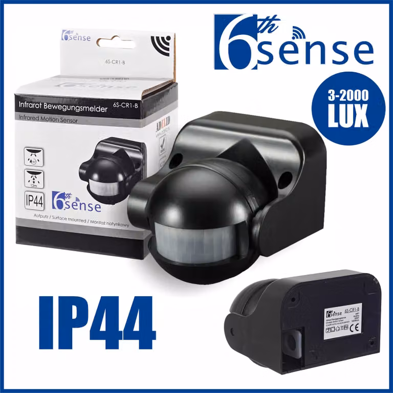 Sensore di movimento esterno, colore nero. Sensore a infrarossi PIR da parete, angolo di rilevamento 180°, portata 12 metri, grado di protezione IP44, con LED, da montare a parete