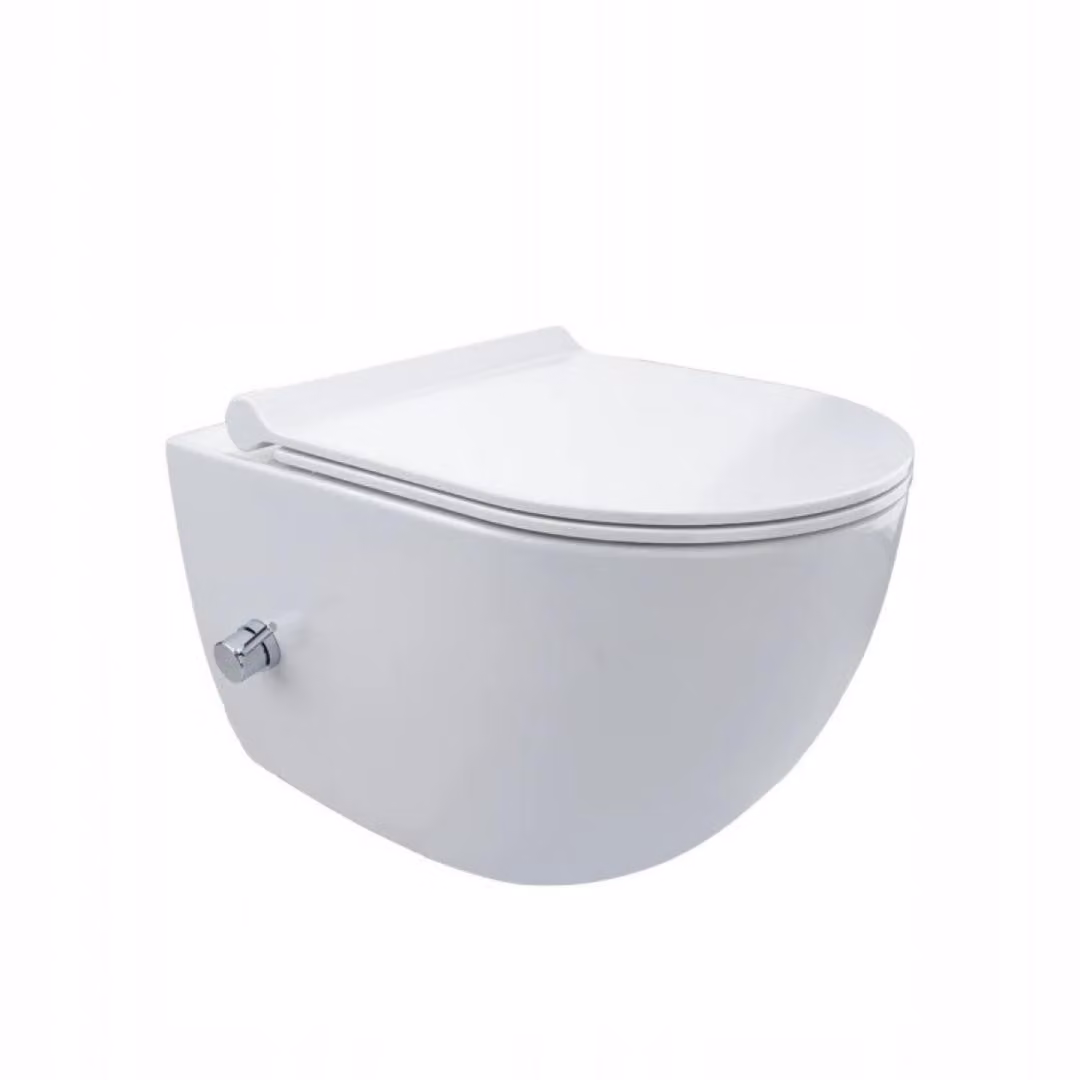 WC sospeso VBChome con funzione bidet, senza brida, in Vetroceramica bianca, con scarico a vortice. Include: sedile WC con sistema di chiusura rallentata (SoftClose) e funzione senza brida. Dimensioni: 36 x 50 x 37 cm