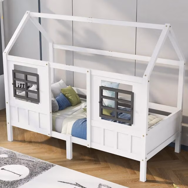 Letto casetta per bambini 200 × 90 cm con 2 finestre protettive, senza materasso, in legno massello e MDF bianco