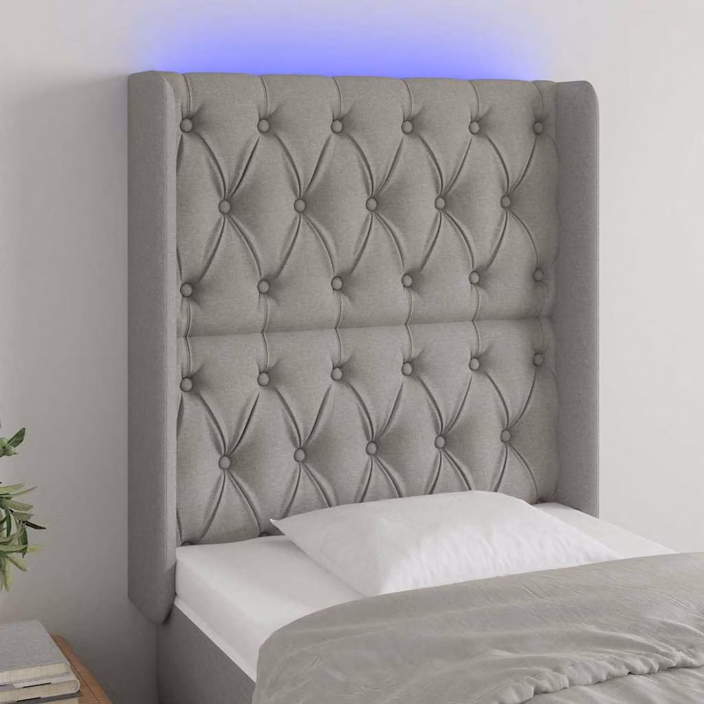 Testiera per letto con illuminazione LED e porta di ricarica USB vidaXL in tessuto grigio, L/P/H: 83 x 16 x 118/128 cm
