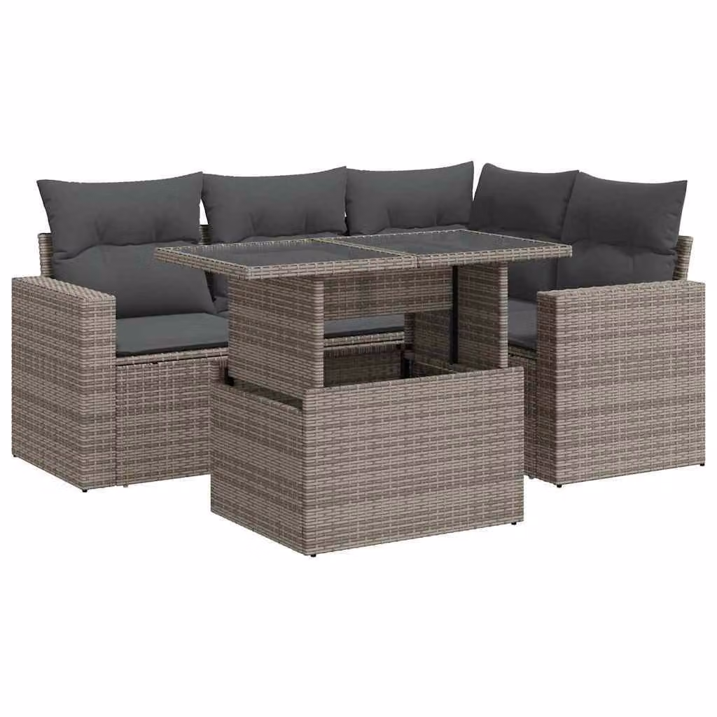 Set Divano da Giardino 5 pz con Cuscini Grigio in Polyrattan