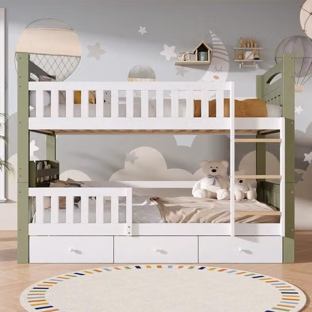Letto a castello per bambini 90x200 cm con 3 cassetti; libreria laterale e scaletta; legno bianco e verde
