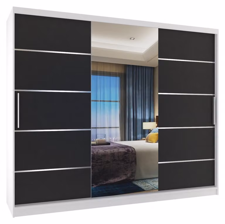 BELINI Verona, armadio scorrevole da 232 cm, bianco/nero opaco - armadio con specchio e 4 cassetti, ideale per la camera da letto