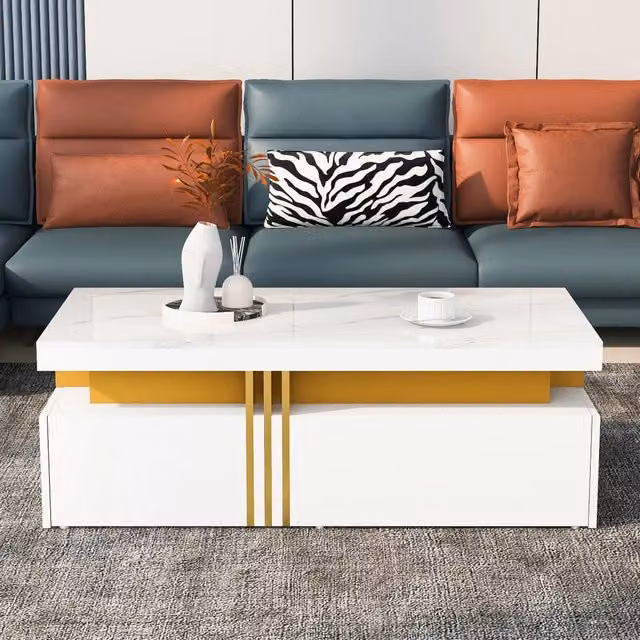 Tavolino da soggiorno moderno rettangolare 100x50x40 cm, piano marmorizzato lucido, con 2 cassetti in legno