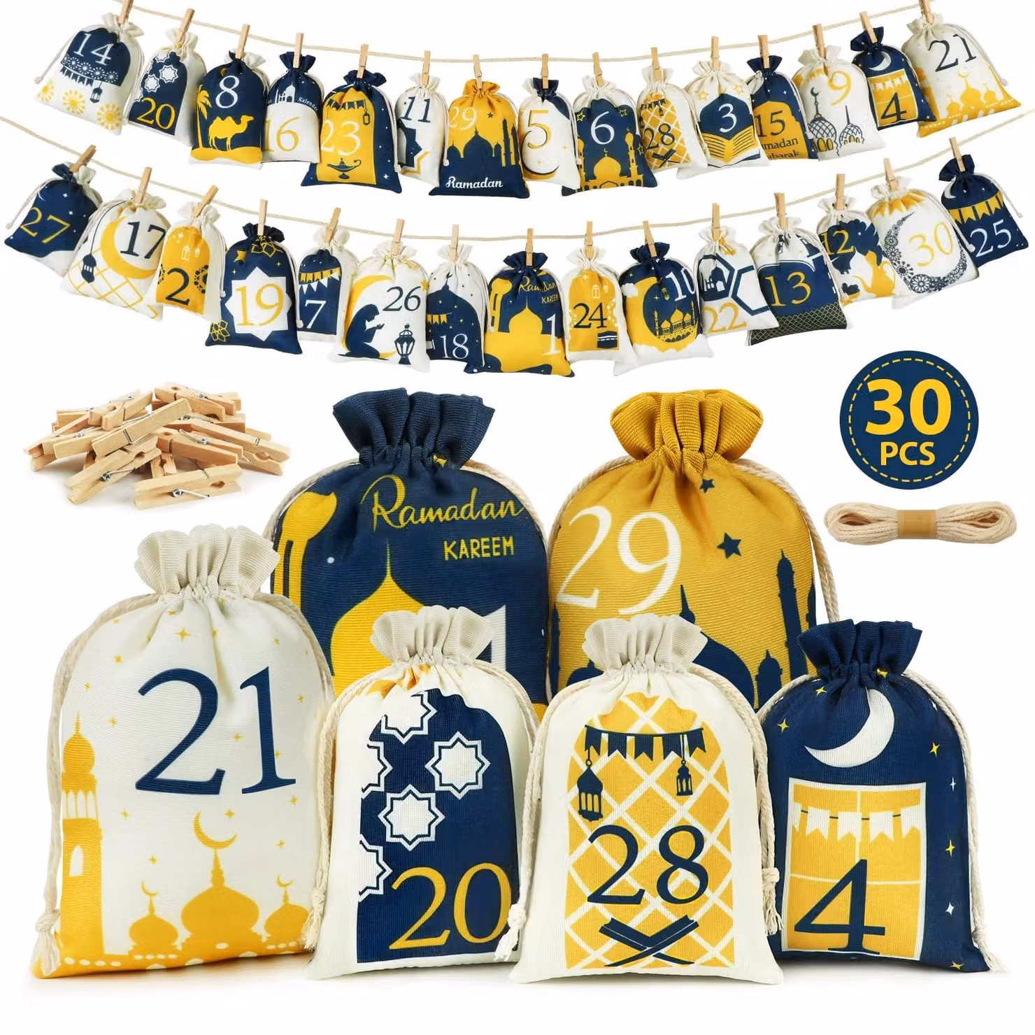 Calendario del Ramadan 2026 - 30 sacchetti in cotone - Beige/Blu/Giallo