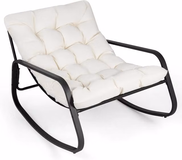 Sedia a dondolo relax imbottita con cuscino spesso e base antiscivolo in tessuto beige e struttura in metallo, portata massima 205 kg – 1