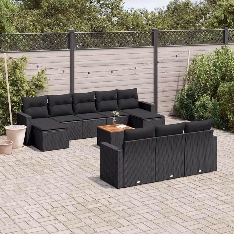 vidaXL Set Divani da Giardino 11 pz in Polyrattan Nero con Cuscini e Tavolino