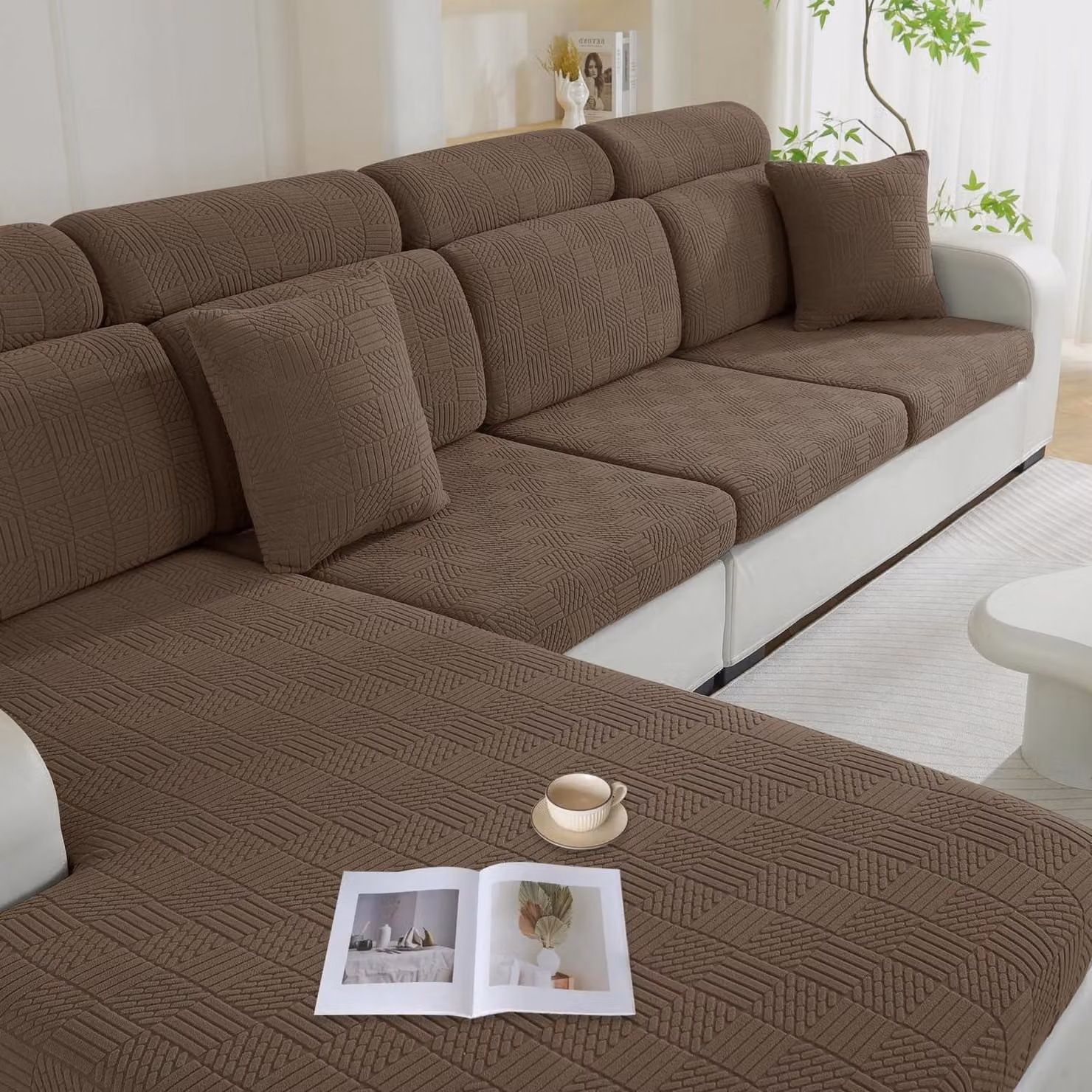 Copertura elastica universale per cuscini da divano, antiscivolo, color marrone, adatta anche per chaise longue