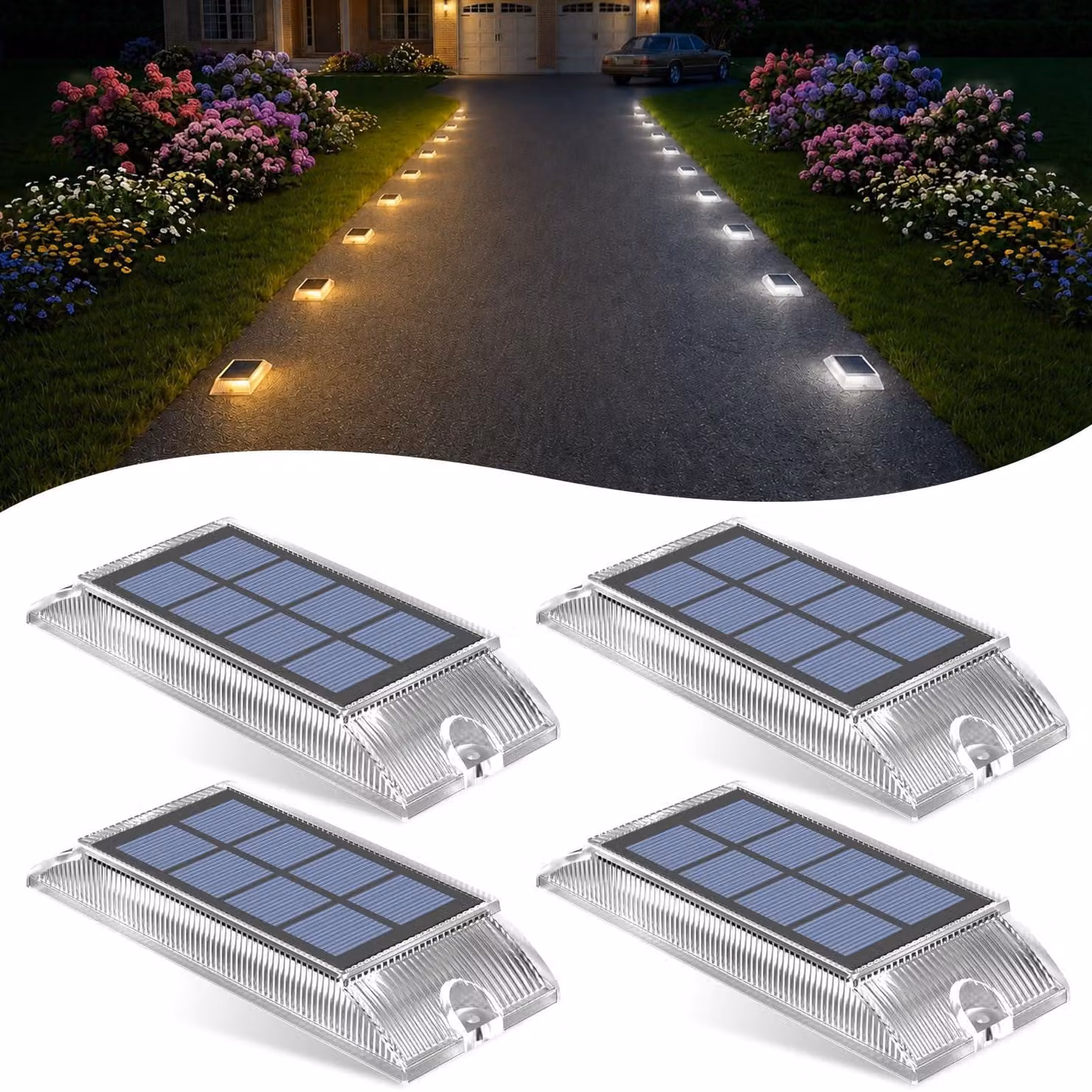 Set di 4 lampade da giardino a energia solare, luce calda e luce bianca fredda, grado di protezione IP66