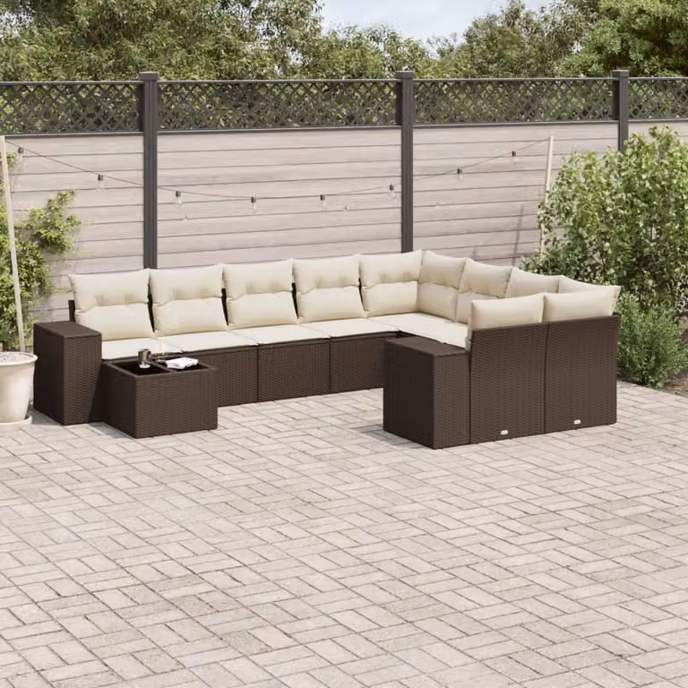 vidaXL Set Divani da Giardino 10 Pezzi in Polyrattan Marrone con Cuscini e Tavolino da Esterno