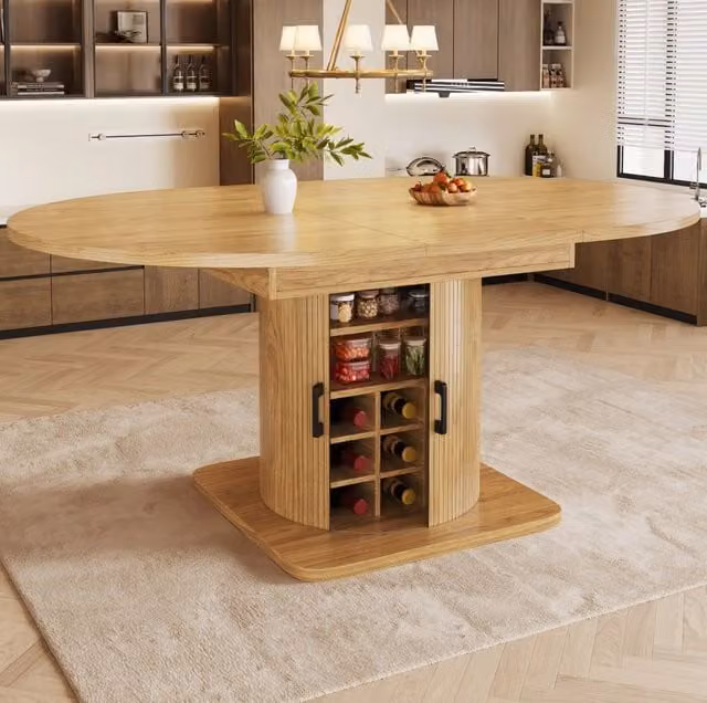 Tavolo da pranzo allungabile con vano contenitore in MDF e metallo; naturale e marrone chiaro