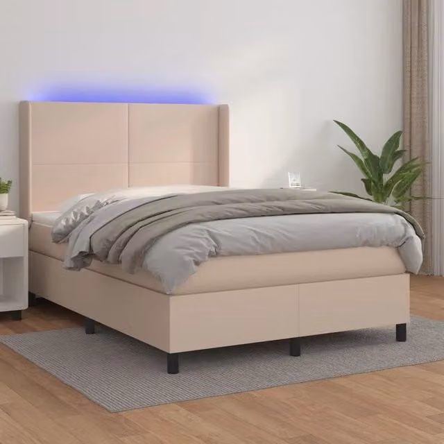 Letto con contenitore, materasso ibrido a molle e illuminazione LED vidaXL, color cappuccino, similpelle e tessuto, L/P/H: 193 x 147 x 128 cm – 1