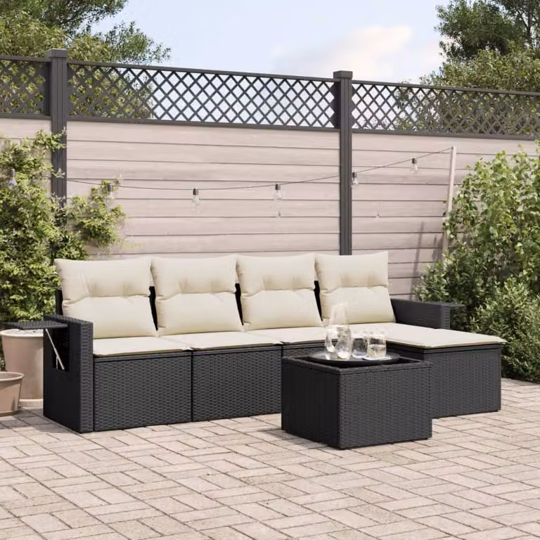 vidaXL Set Divano da Giardino 6 pz a L in Polyrattan Nero con Cuscini e Tavolino