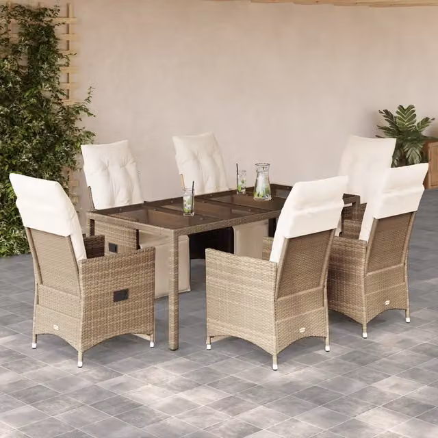 Set da Bistrò da Giardino vidaXL in Polyrattan con Cuscini Beige e Tavolo in Vetro, 7 Pezzi – 1