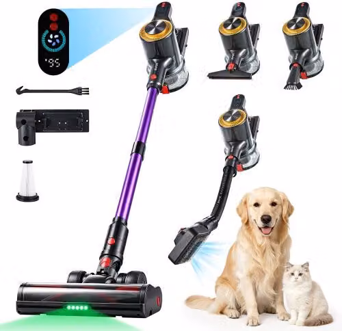 VEVOR Aspirapolvere Senza Fili 500W 50kPA a Bastone Autonomia di 45 Minuti, per Pavimenti Duri Tappeti e Peli di Animali Domestici, Ricaricabile, Leggero e Portatile, con Display a LED e 5 Testine