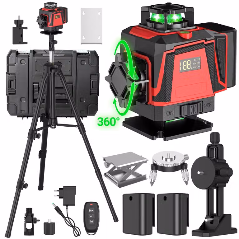 Livella laser 4D - 16 linee - Autolivellamento di 3° - Laser verticali e orizzontali - Batteria inclusa - Treppiede da 1 metro - Colore rosso
