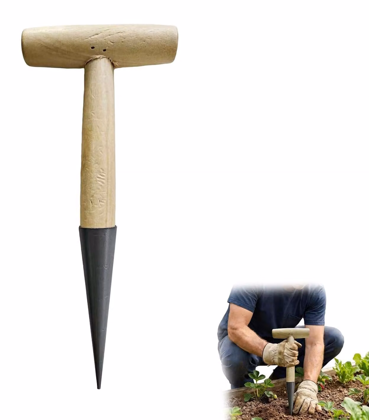 Trapiantatrice manuale in acciaio inossidabile, con manico ergonomico in legno, attrezzo da giardinaggio, confezione singola, ideale per lavori di giardinaggio