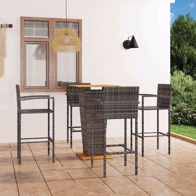 Set Bar da Giardino vidaXL in Polyrattan e Legno di Acacia Grigio, 5 Pezzi