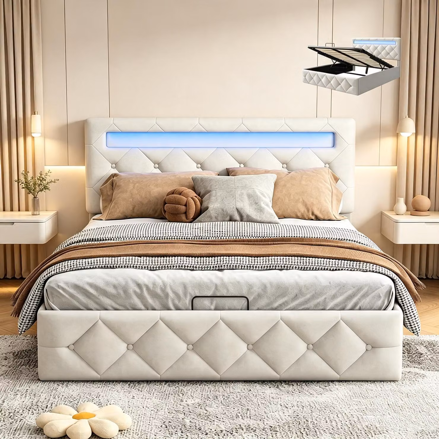 Letto contenitore con boxspring, dimensioni 160x200 cm, con illuminazione a LED, imbottito, con sistema di sollevamento idraulico, adatto per ragazzi, con rete a doghe e contenitore, rivestito in velluto, colore beige.