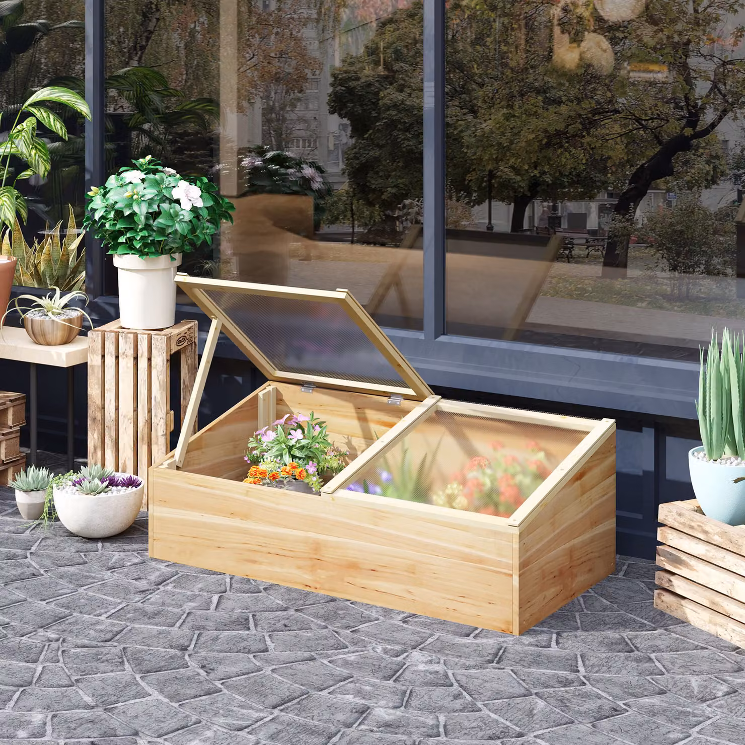 Mini Serra da Giardino Outsunny in Legno di Abete e Policarbonato, Marrone, L/P/H: 100 x 50 x 36 cm – 2