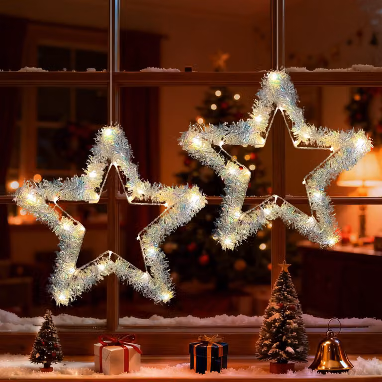 Decorazioni natalizie a forma di stella a LED per finestre, confezione da 2, con illuminazione interna