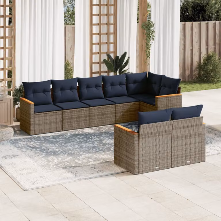 Set di divani da giardino vidaXL a forma di L composto da 8 pezzi con cuscini grigi e blu in rattan e struttura in metallo