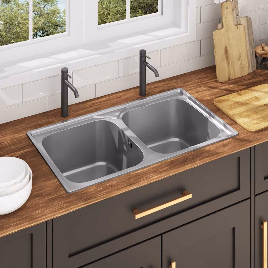 vidaXL Lavello da Cucina Doppio in Acciaio Inox Color Argento L/P/H: 84 x 48 x 22 cm – 1